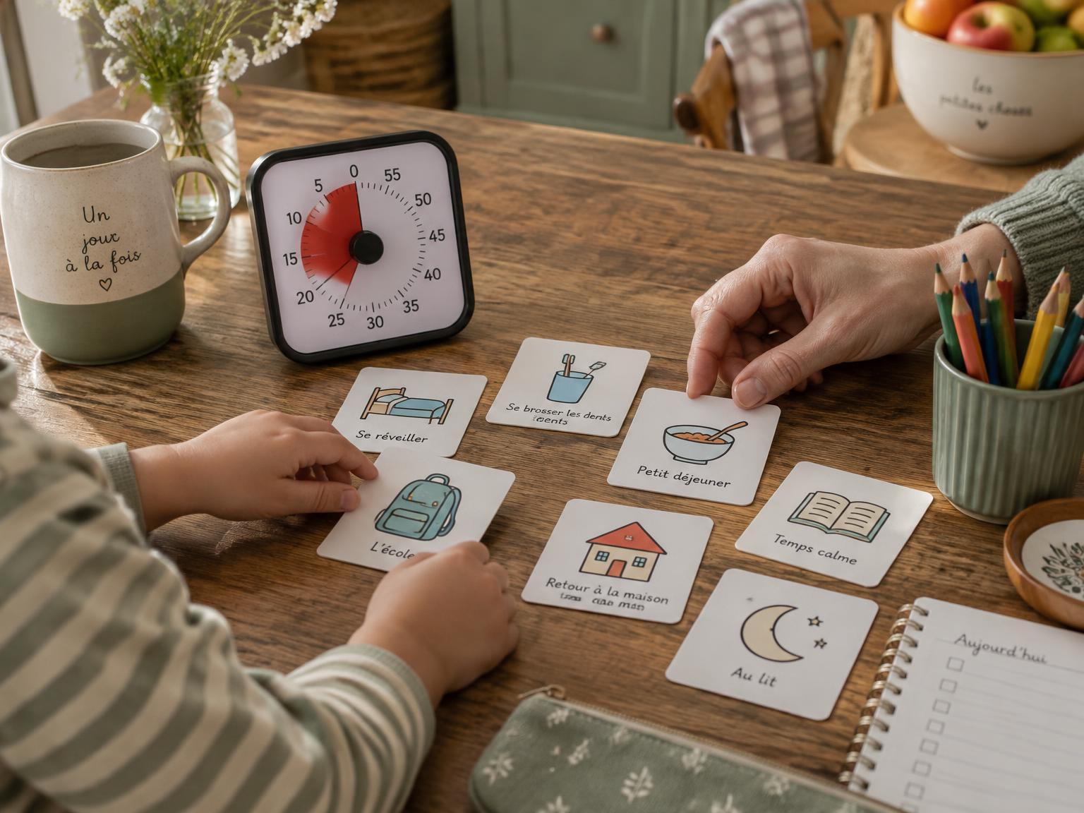 Un adulte et un enfant organisent ensemble des cartes de routine et un timer visuel sur la table de la cuisine